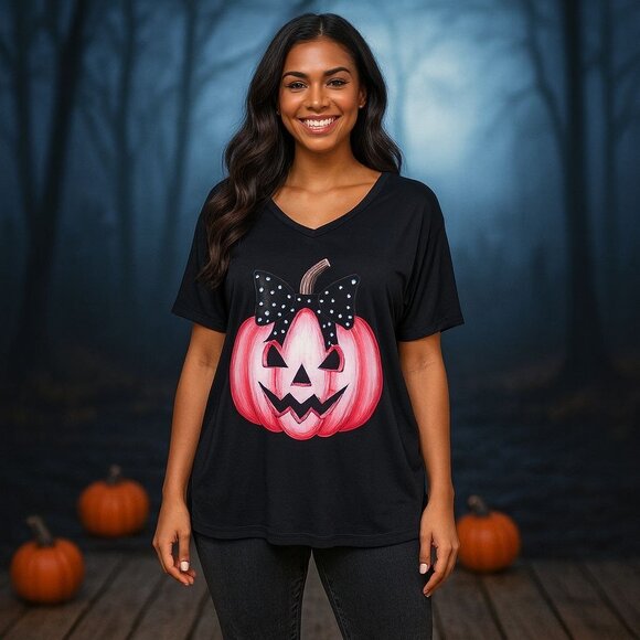 Pink Pumpkin Halloween Top XL Soft Girl Coquette Fall Graphic Tee Cute Whimsical - Picture 4 of 8